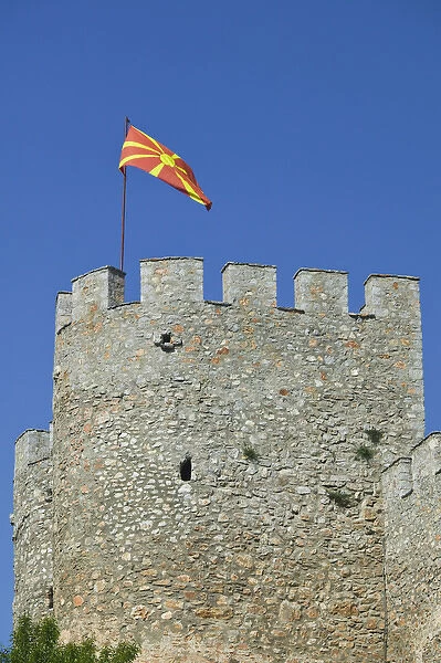 MACEDONIA, Ohrid. Car Samoils Castle Tower and Macedonian Flag