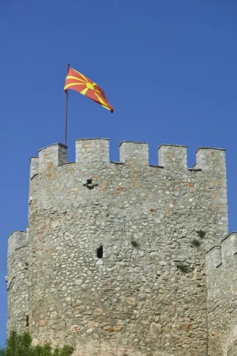 Framed Print : MACEDONIA, Ohrid. Car Samoils Castle Tower and Macedonian Flag