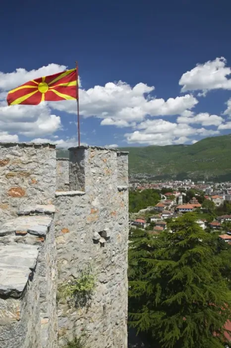 Framed Print : MACEDONIA, Ohrid. Car Samoils Castle Tower with Macedonian Flag