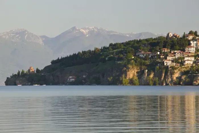 Framed Print : MACEDONIA, Ohrid. Morning view of Old Town and 13th century Sveti Jovan at Kaneo