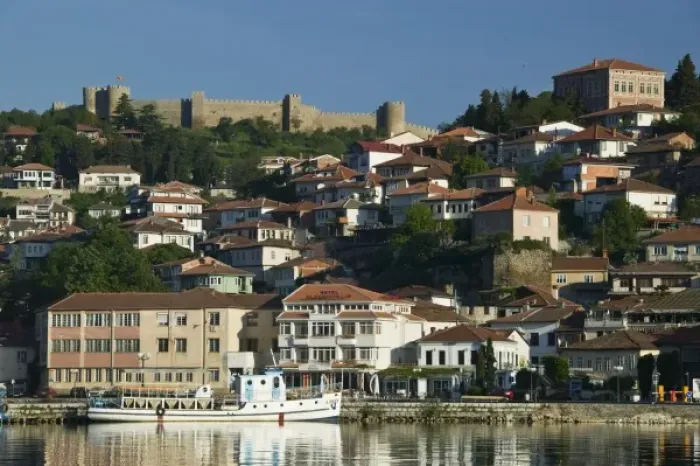 Framed Print : MACEDONIA, Ohrid. Morning View of Old Town and Car Samoils Castle Framed Print : MACEDONIA, Ohrid. Morning View of Old Town and Car Samoils Castle
