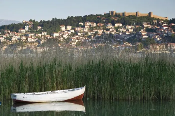 Framed Print : MACEDONIA, Ohrid. Morning view of Old Town and Car Samoils Castle from reeds Framed Print : MACEDONIA, Ohrid. Morning view of Old Town and Car Samoils Castle from reeds