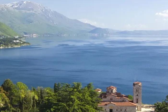 Framed Print : MACEDONIA, Ohrid. Sveti Kliment i Pantelejmon Church (new construction) on the shores