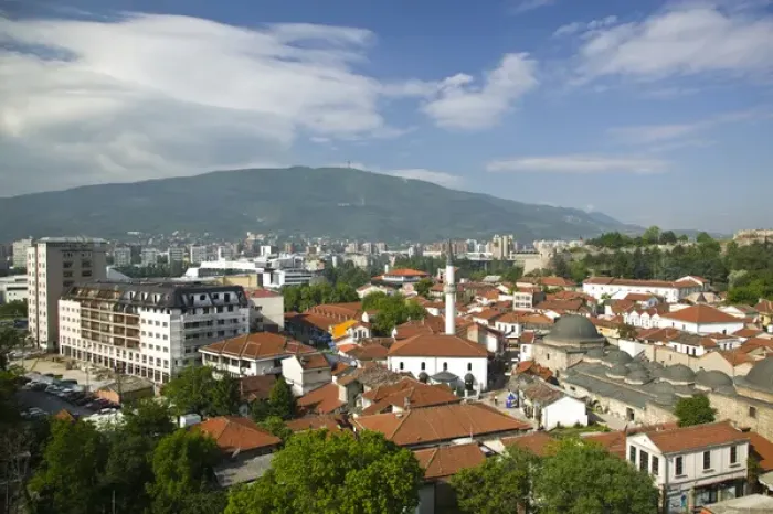 Framed Print : MACEDONIA, Skopje. Carsija Old Town- Overhead View  /  Morning