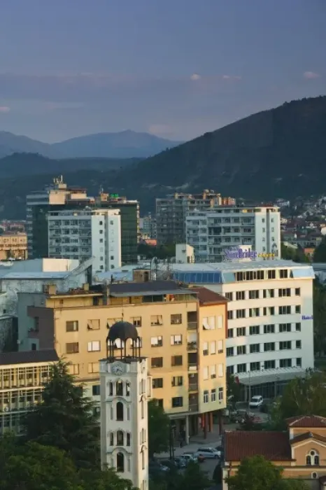 Framed Print : MACEDONIA, Skopje. Central Skopje from City Fort / Sunset Framed Print : MACEDONIA, Skopje. Central Skopje from City Fort / Sunset