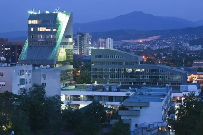 Framed Print : MACEDONIA, Skopje. Central Skopje Highrises  /  Evening