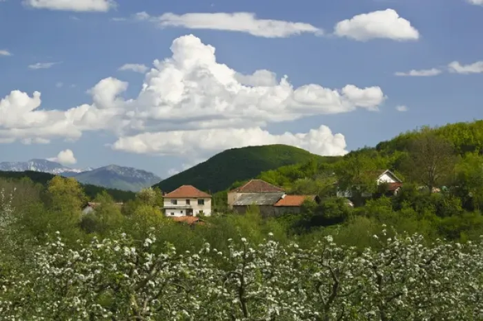 Framed Print : MACEDONIA, Svinista. Fruit Growing Village and Mountains
