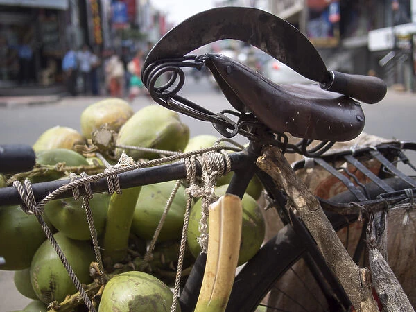 A machete and a group of coconuts sit inside a bicycle in Bangalore, Karnataka, India