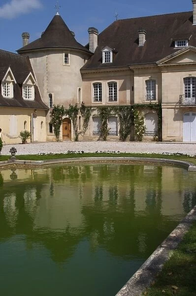 The main building with its tower and a pond with a reflection Chateau Bouscaut Cru