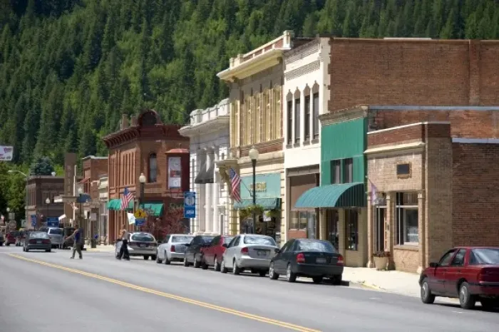 Framed Print : Main street and old brick buildings in the small town of Wallace, Idaho
