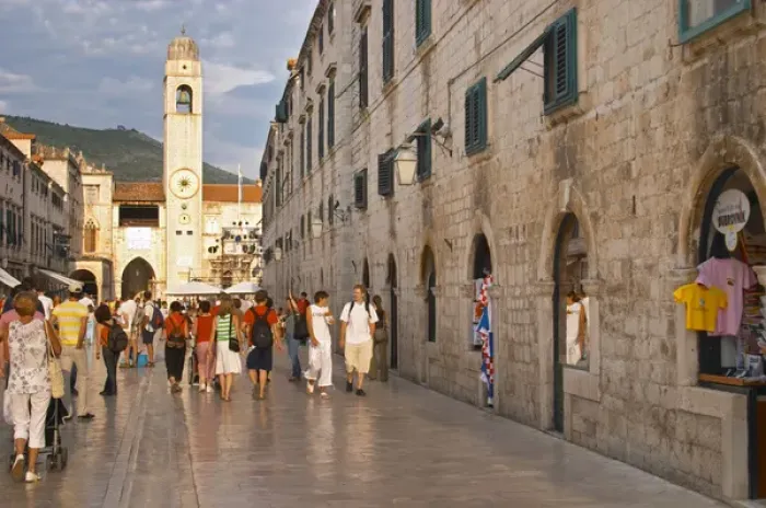 Framed Print : The main street Stradun Placa with traditional houses, view over clock tower Framed Print : The main street Stradun Placa with traditional houses, view over clock tower