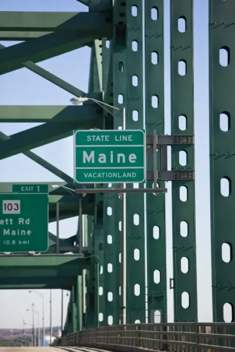 Framed Print : Maine state line sign on the Piscataqua River bridge. I-95. Between Kittery, Maine and Portsmouth Framed Print : Maine state line sign on the Piscataqua River bridge. I-95. Between Kittery, Maine and Portsmouth