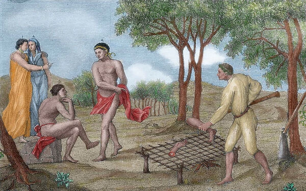 Maipure Indians, inhabitants of the Upper Orinoco river, grilling the legs of a dead enemy
