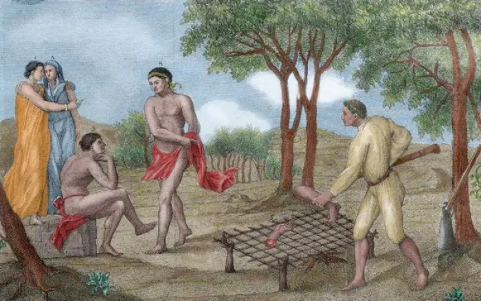 Framed Print : Maipure Indians, inhabitants of the Upper Orinoco river, grilling the legs of a dead enemy