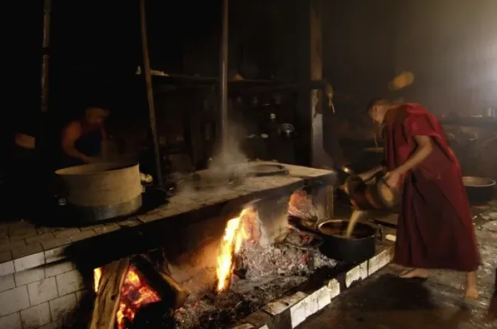 Framed Print : Making yak butter tea in the kitchen of Songzhanling Monastery. Zhongdian. Deqin Framed Print : Making yak butter tea in the kitchen of Songzhanling Monastery. Zhongdian. Deqin