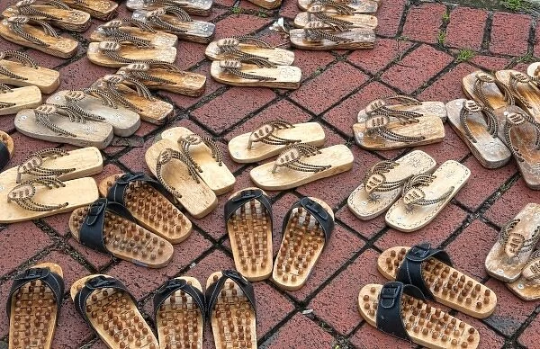 Malacca City, Malaysia, UNESCO Heritage City. Graphic pattern of shoes on floor
