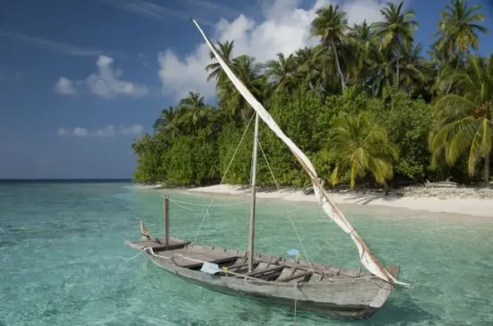 Framed Print : Maldives, North Male Atoll, Island of Kuda Bandos. Traditional Maldivian boat in Framed Print : Maldives, North Male Atoll, Island of Kuda Bandos. Traditional Maldivian boat in