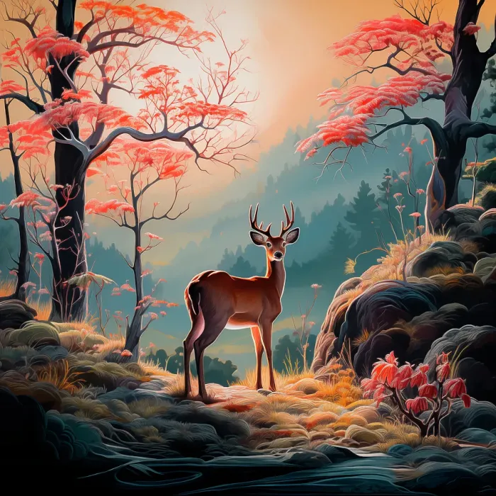 Framed Print : Male deer and spring scenic. Illustration-style. (AI Generated) Framed Print : Male deer and spring scenic. Illustration-style. (AI Generated)