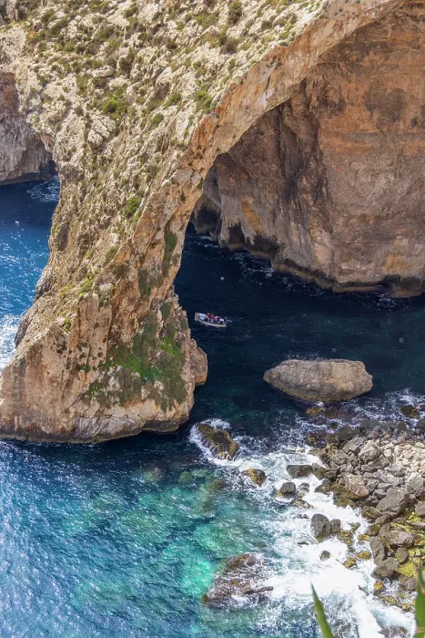 Framed Print : Malta. The Blue Grotto, seen from above. Small tour boat Framed Print : Malta. The Blue Grotto, seen from above. Small tour boat