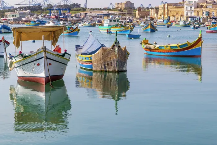 Framed Print : Malta, Marsaxlokk. Marsaxlokk harbor. Luzzijiet, plural of luzzu, colorful traditional Maltese fishing boats