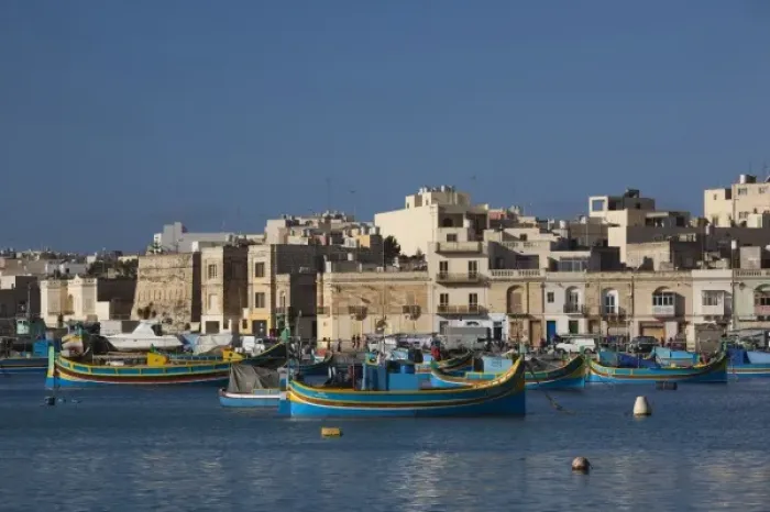 Framed Print : Malta, Southeast, Marsaxlokk, harbor and traditional Luzzu fishing boats