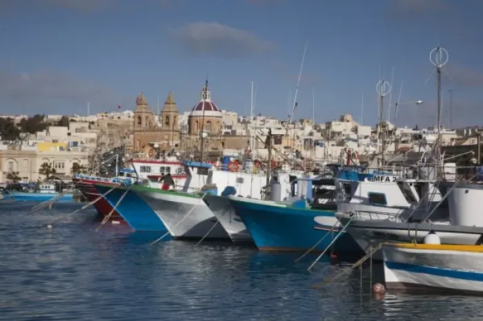 Framed Print : Malta, Southeast, Marsaxlokk, harbor and traditional Luzzu fishing boats