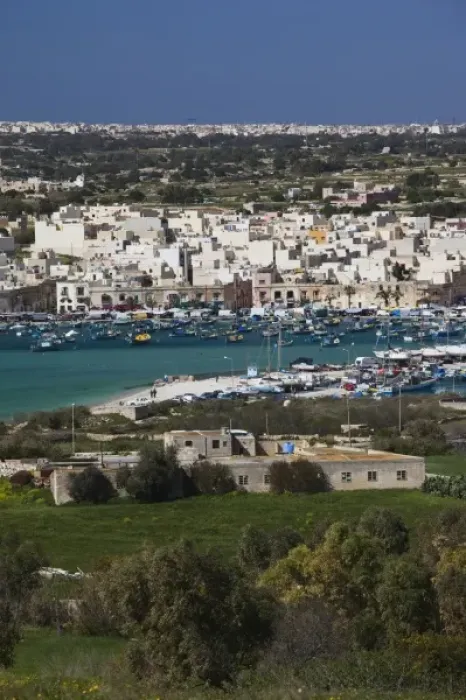 Framed Print : Malta, Southeast, Marsaxlokk, village view from Delimara Point Framed Print : Malta, Southeast, Marsaxlokk, village view from Delimara Point