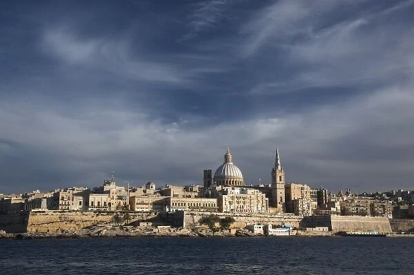 Malta, Valletta, skyline with St. Pauls Anglican Cathedral and Carmelite Church from Sliema