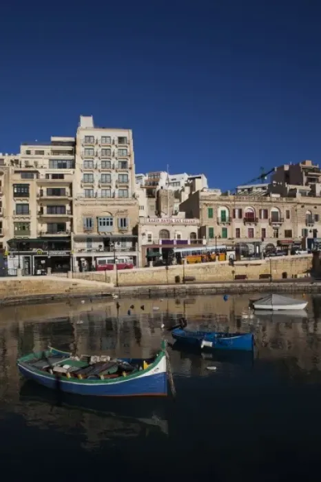 Framed Print : Malta, Valletta, St. Julians, cafes on Spinola Bay, morning Framed Print : Malta, Valletta, St. Julians, cafes on Spinola Bay, morning