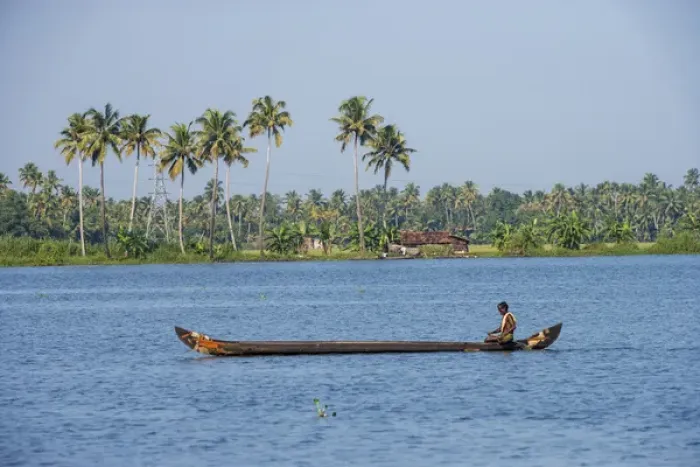 Framed Print : Man rowing a long wooden canoe, Backwaters, Kerala, India Framed Print : Man rowing a long wooden canoe, Backwaters, Kerala, India