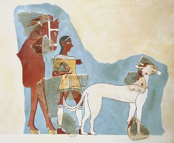 Man standing holding the reins of a horse with a dog before. Fresco dated between 14th