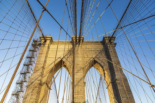 Manhattan, New York, USA. Cables and tower on the Brooklyn Bridge