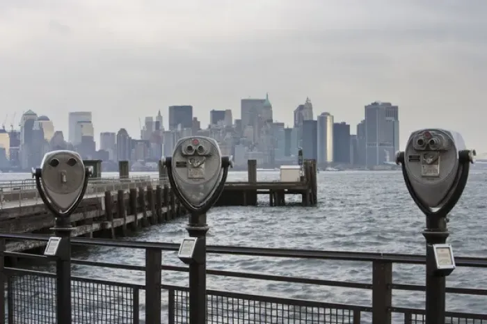 Framed Print : The Manhattan skyline as seen from Liberty Island, New York
