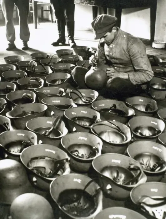 Framed Print : Manufacture of the German army helmets during World War II (1939-1945) Framed Print : Manufacture of the German army helmets during World War II (1939-1945)