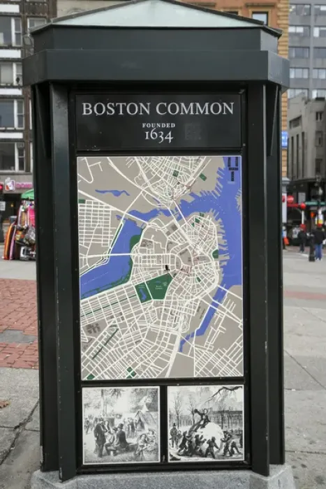 Framed Print : Map and historical drawings on a kiosk at Boston Common, Boston, Massachusetts, USA Framed Print : Map and historical drawings on a kiosk at Boston Common, Boston, Massachusetts, USA