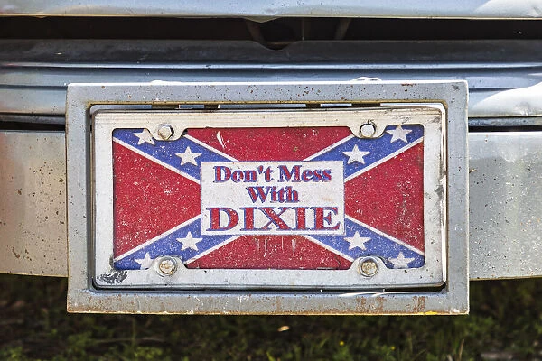 Marble Falls, Texas, USA. Decorative license plate with a Confederate flag