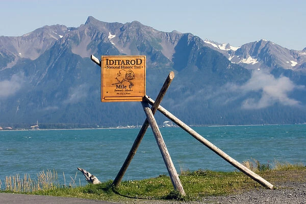 A marker in Seward Alaska indicates the starting point of the original Iditarod Trail