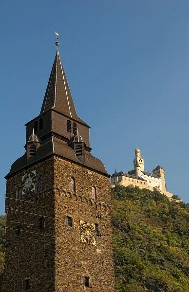 Marksburg Castle on hill outside Braubach, Germany, a village on Rhine River