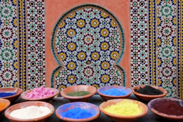 Framed Print : Marrakech, Morocco. Clay bowls of spices and bluing with tile background