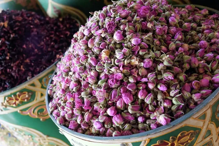 Framed Print : Marrakech, Morocco. Dried roses for sale in the medina