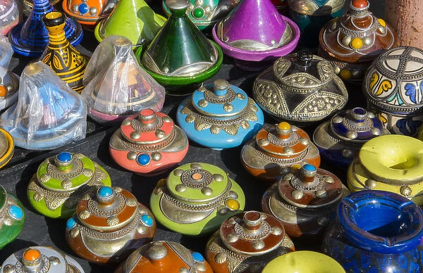 Marrakech Morocco main medina selling pottery to tourists downtown city