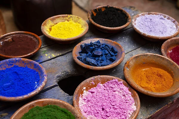 Marrakech, Morocco. Terra cotta bowls of colored pigment