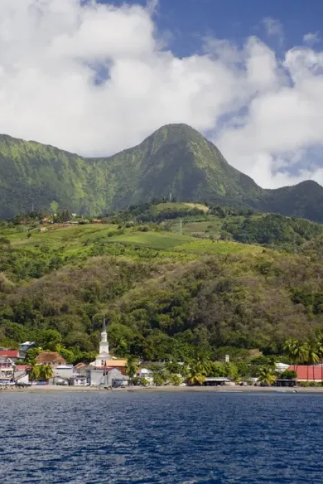 Framed Print : MARTINIQUE. French Antilles. West Indies. Pitons du Carbet rise above town of Le Carbet