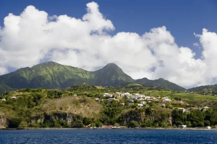 Framed Print : MARTINIQUE. French Antilles. West Indies. Pitons du Carbet rise above town of Le Carbet Framed Print : MARTINIQUE. French Antilles. West Indies. Pitons du Carbet rise above town of Le Carbet