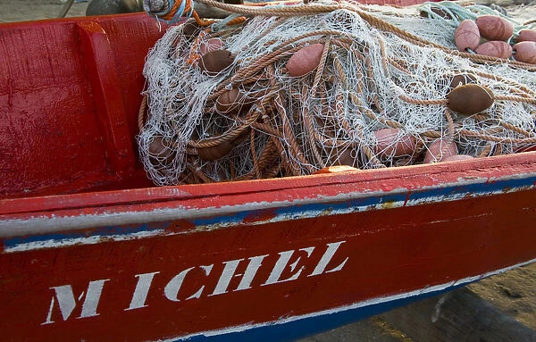 MARTINIQUE. French Antilles. West Indies. Detail of fishing boat with nets on beach