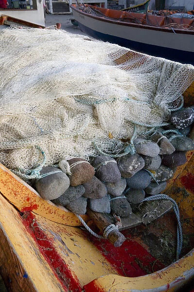 MARTINIQUE. French Antilles. West Indies. Detail of fishing boat with nets with stone