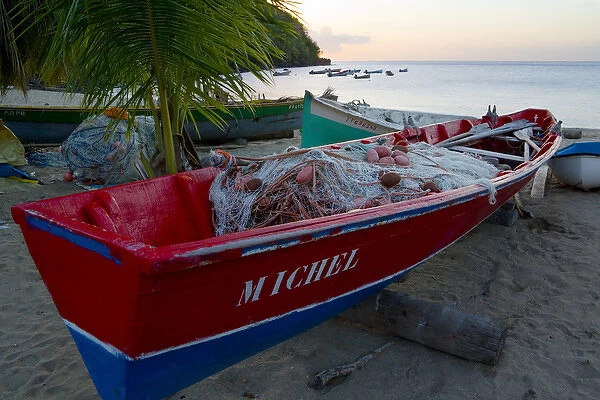 MARTINIQUE. French Antilles. West Indies. Fishing boat with nets on beach at Anse Dufour