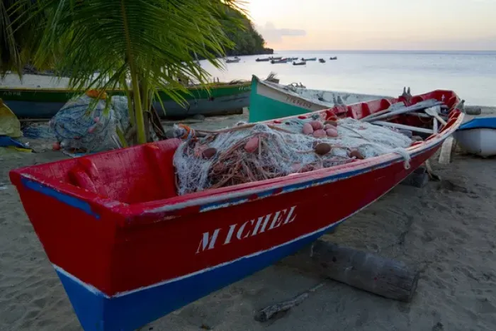 Framed Print : MARTINIQUE. French Antilles. West Indies. Fishing boat with nets on beach at Anse Dufour Framed Print : MARTINIQUE. French Antilles. West Indies. Fishing boat with nets on beach at Anse Dufour