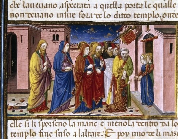 Mary is hosted by the virgins of the temple. Codex of Predis (1476). Royal Library