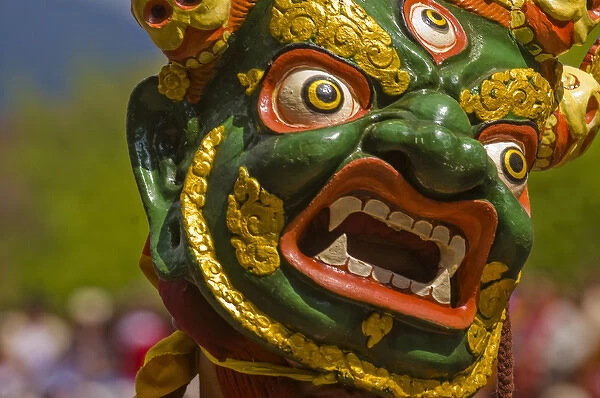 Mask of dancer at religious festivity with many visitors, Paro Tsechu, Bhutan, Asia